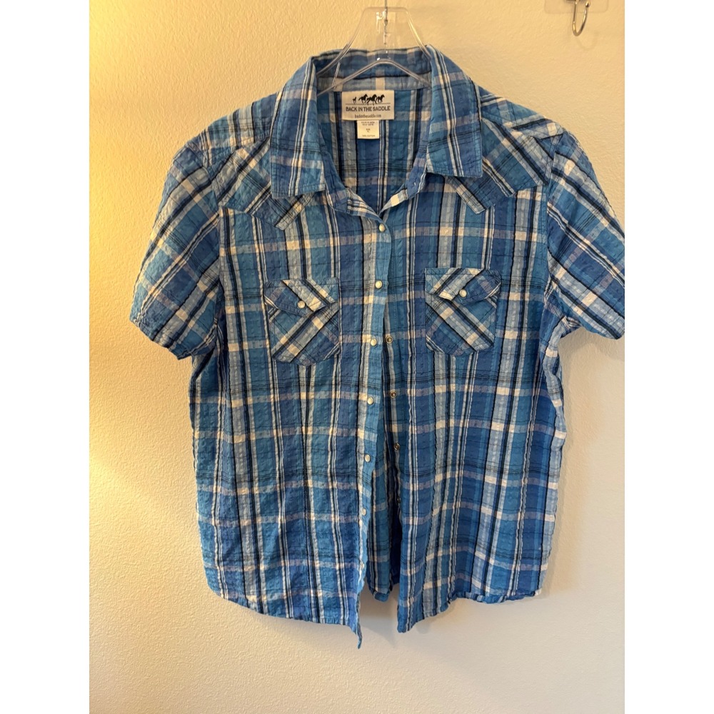 Back In The Saddle Blue Plaid Western Short Sleeve Cotton Shirt XL RN 106740